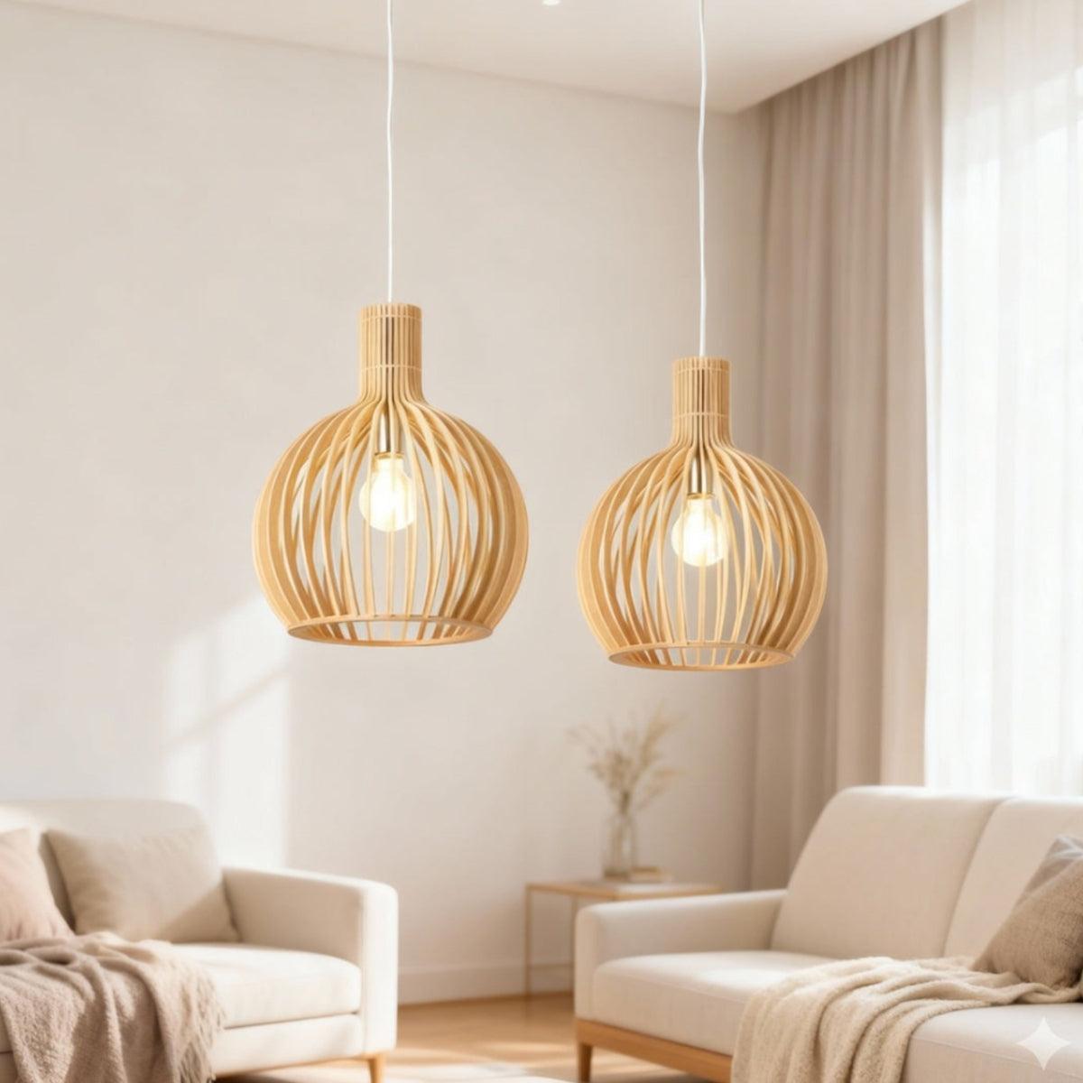 Wood Cage Pendant Light With Slat Shade, E26 Base, Adjustable Cord, Three Sizes - Image 2