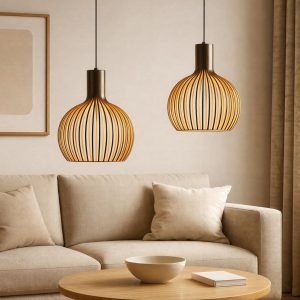 Wood Cage Pendant Light With Slat Shade, E26 Base, Adjustable Cord, Three Sizes