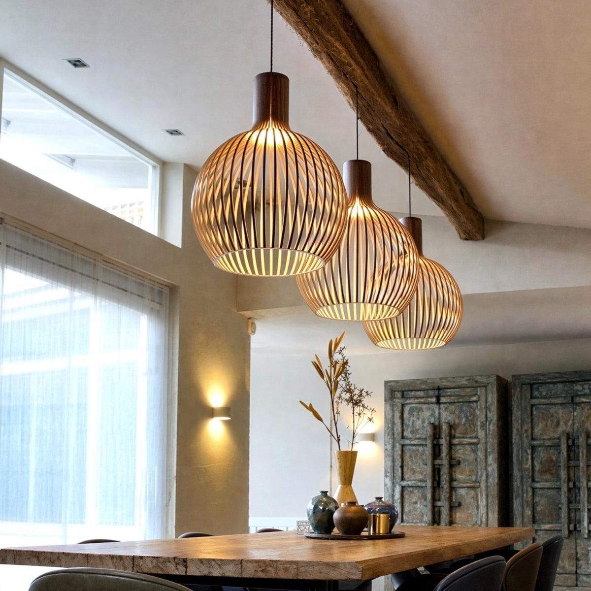 Wood Cage Pendant Light With Slat Shade, E26 Base, Adjustable Cord, Three Sizes - Image 4