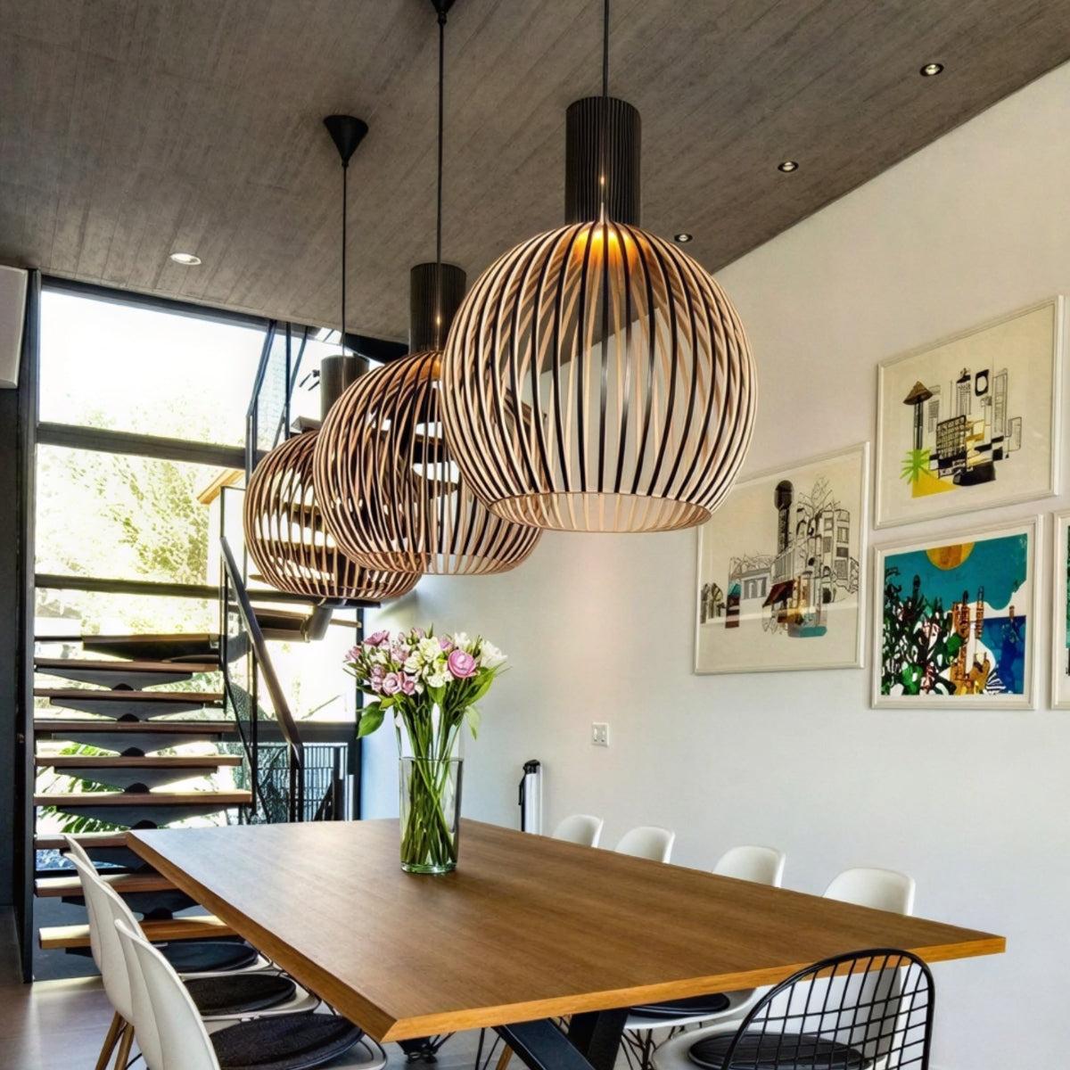 Wood Cage Pendant Light With Slat Shade, E26 Base, Adjustable Cord, Three Sizes - Image 5